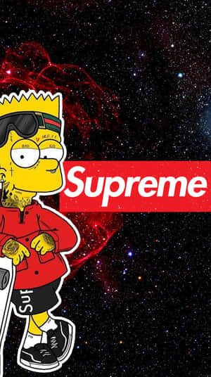 巴特·辛普森穿著Supreme裝備，背景是星光燦爛的太空星雲。