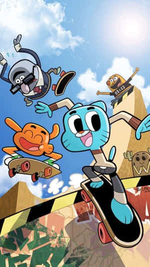 卡通人物在色彩繽紛的城市滑板公園中快樂地玩滑板。 — Gumball 壁紙