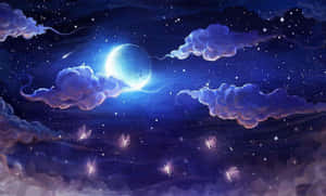 發光的螢火蟲在明亮的月亮下穿過紫色雲層，在繁星點點的夜空中飛翔。 — 唯美月亮動圖 壁紙