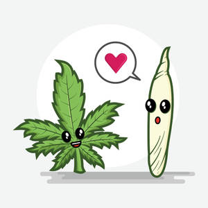 一個快樂的卡通大麻葉愛上了一支大麻煙，以心形對話氣泡顯示。