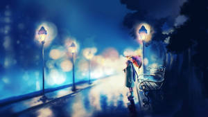 在閃爍燈光下，雨夜街道上撐傘的人