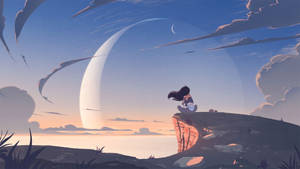 動漫女孩坐在懸崖邊，在黃昏時看著海面上的新月和雲彩。