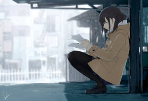 動漫女孩穿雨衣在天橋下讀信