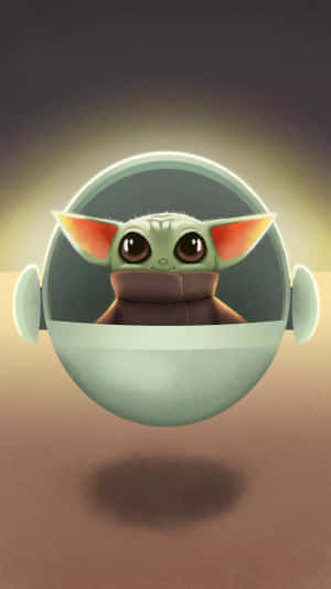 Baby Yoda 在發光的球形艙中，光線柔和。