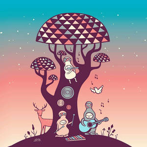 奇幻插畫樹，在粉彩暮色天空下容納了音樂生物和一隻鹿。