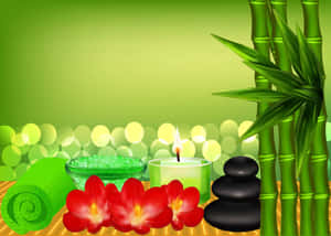 水療設置，包括竹、紅花、黑石和編織墊上的蠟燭。 — 淺綠色美學動態圖 壁紙