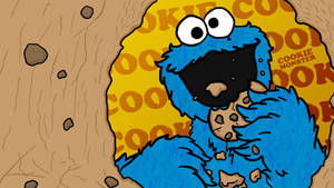 Cookie Monster 在曲奇圖案的牆後拿著一塊曲奇。
