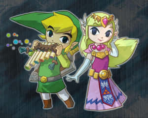 Chibi Link 吹奏陶笛，Zelda 穿著奇幻服裝站在他旁邊。