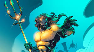 水行俠在水下手持發光的三叉戟，頭髮飄逸，表情兇猛。