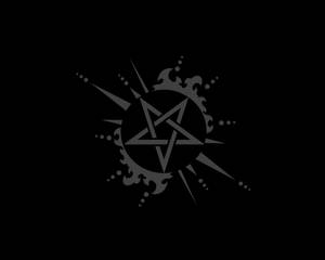 一個風格化的五角星，在黑色背景上帶有尖刺射線和漩渦圖案。