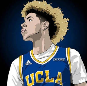 身穿UCLA球衣、擁有金色捲髮的年輕籃球運動員向上仰望。