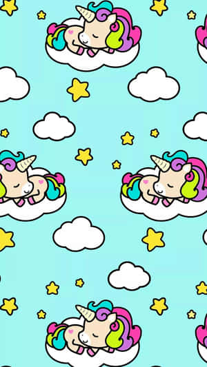 在粉彩天空下，獨角獸在雲朵上與星星一起入睡。