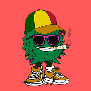 一個綠色卡通大麻植物，戴著帽子和太陽眼鏡，正在抽大麻煙。