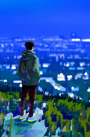 穿著連帽衫的人從綠色懸崖邊緣俯瞰夜晚發光的城市。 — 卡通 壁紙