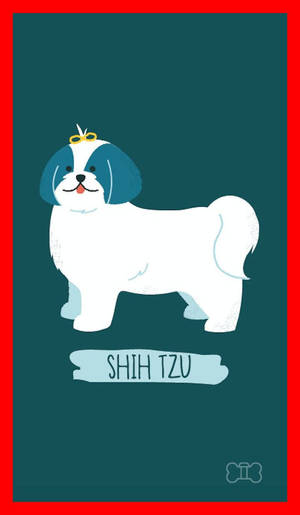 插畫西施犬，藍色耳朵和黃色蝴蝶結，青綠色背景。