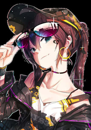 戴太陽眼鏡和帽子的動漫女孩，宇宙背景和發光點綴。 — 可愛動漫女仔 壁紙