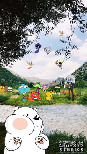 卡通角色在翠綠的山谷中享受河邊聚會。 — Gumball 壁紙