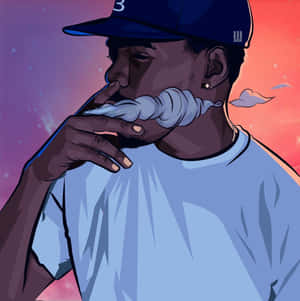 戴帽子的男子在色彩繽紛的天空下呼出煙霧