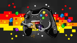 一個卡通遊戲控制器正在吃薯片，像素方塊四處飛舞。
