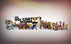一群90年代卡通角色在「The 90s Cartoon Shows」文字下站在一起。 — 卡通網絡角色 壁紙