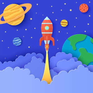 卡通火箭穿過雲層向行星和星星發射。