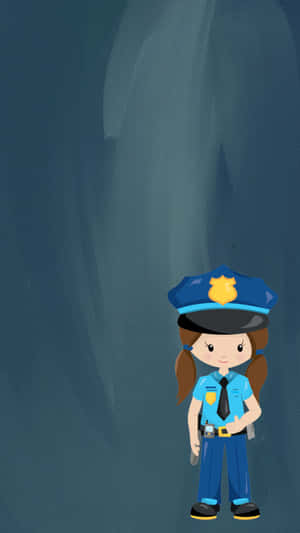 一個穿著藍色制服的卡通女警站在深色背景前。