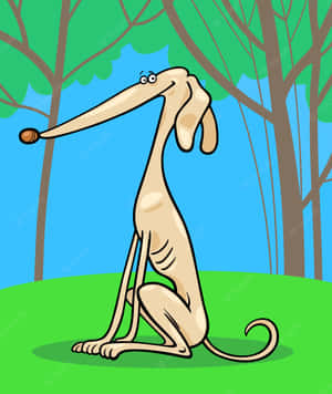 一隻卡通沙魯基犬坐在森林中的草丘上。