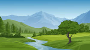 一條卡通河流穿過綠色的山丘，有一棵孤樹和遠處的山脈。 — 風景動圖 壁紙