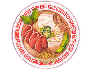 一碗拉麵，配有肉、蔥花和竹筍，放在有圖案的碟子上。