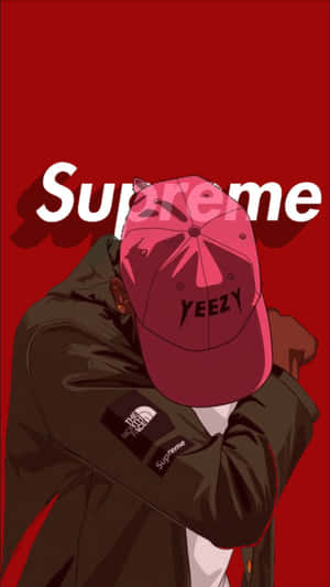 穿著Supreme和Yeezy品牌服裝的人站在紅色背景前。