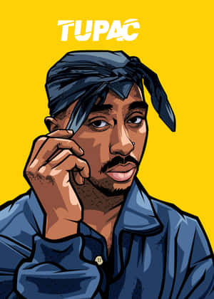 Tupac Shakur肖像插圖，戴藍色頭巾、穿藍色襯衫，背景為黃色。