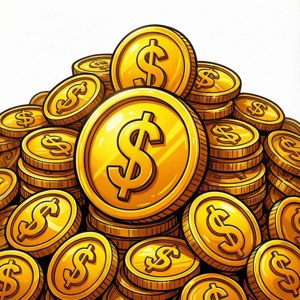 一堆閃亮的金幣，帶有美元符號。