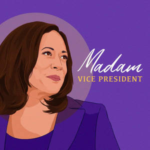 卡馬拉·哈里斯的插圖肖像，紫色背景上帶有文字 Madam Vice President。 — 紫色 壁紙