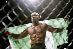 一名勝利的MMA戰士在籠內高舉綠白綠旗。