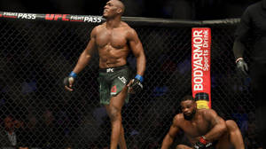 UFC拳手在八角籠中戰勝對手後站立。