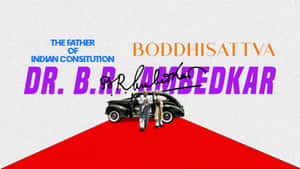 復古汽車與兩名男子站在紅色三角形上，以粗體文字向 Dr B R Ambedkar 致敬。