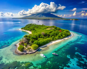 熱帶島嶼，擁有白色沙灘和碧綠海水，周圍環繞著珊瑚礁和船隻 — 島嶼 壁紙