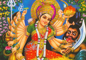 印度教女神杜爾迦（Durga）以十臂擊敗惡魔的彩色插圖。 — 藝術 壁紙