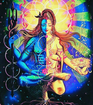 神聖女性神祇一分為二，手持三叉戟和蓮花，在宇宙漩渦中發光。