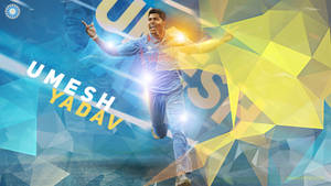 板球運動員 Umesh Yadav 身穿藍色球衣，雙臂伸展，在色彩繽紛的幾何背景前奔跑。
