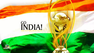 金色板球獎盃，印度國旗背景，附有 'Go India!' 文字