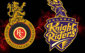 板球隊標誌 Royal Challengers Bangalore 和 Kolkata Knight Riders 在火熱背景上。