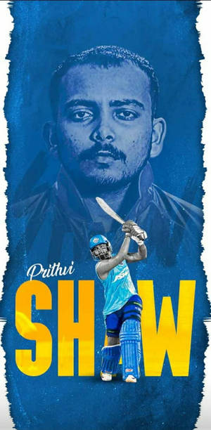 板球手 Prithvi Shaw 的打擊姿勢，他的肖像和名字以大膽的藍色和黃色設計呈現。