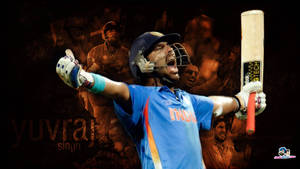 板球運動員 Yuvraj Singh 身穿藍色球衣，高舉球棒慶祝。