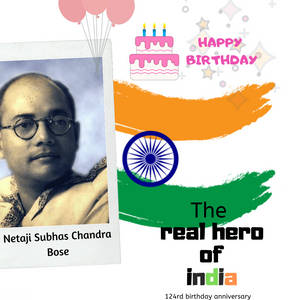 Netaji Subhas Chandra Bose 的肖像，配有生日蛋糕和印度國旗顏色。