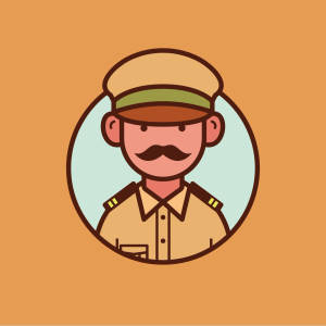 一個卡通軍官留鬍子戴帽子的圓形框架肖像。