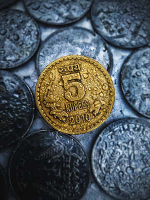帶水滴的金色印度5盧比硬幣，被銀幣環繞。 — 錢 壁紙