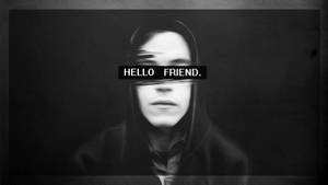 一個戴著兜帽的人，眼睛上覆蓋著黑白文字 'HELLO FRIEND.'。