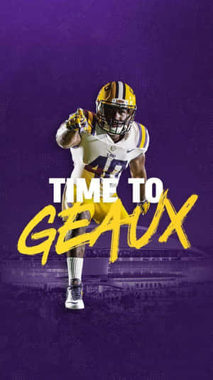 穿著LSU制服的美式足球員奔跑，上面寫著「TIME TO GEAUX」。