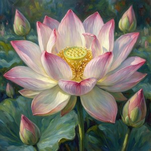 池塘中一朵繪製的粉紅色蓮花，帶有綠色葉子和花蕾。 — Tecno Phantom 壁紙